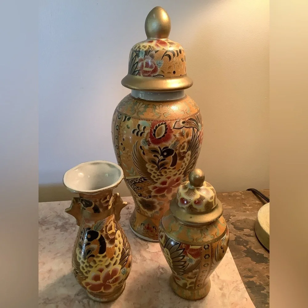 Set Vintage Asian Satsuma Style Ginger Jars + Vase - Picture 3 of 12